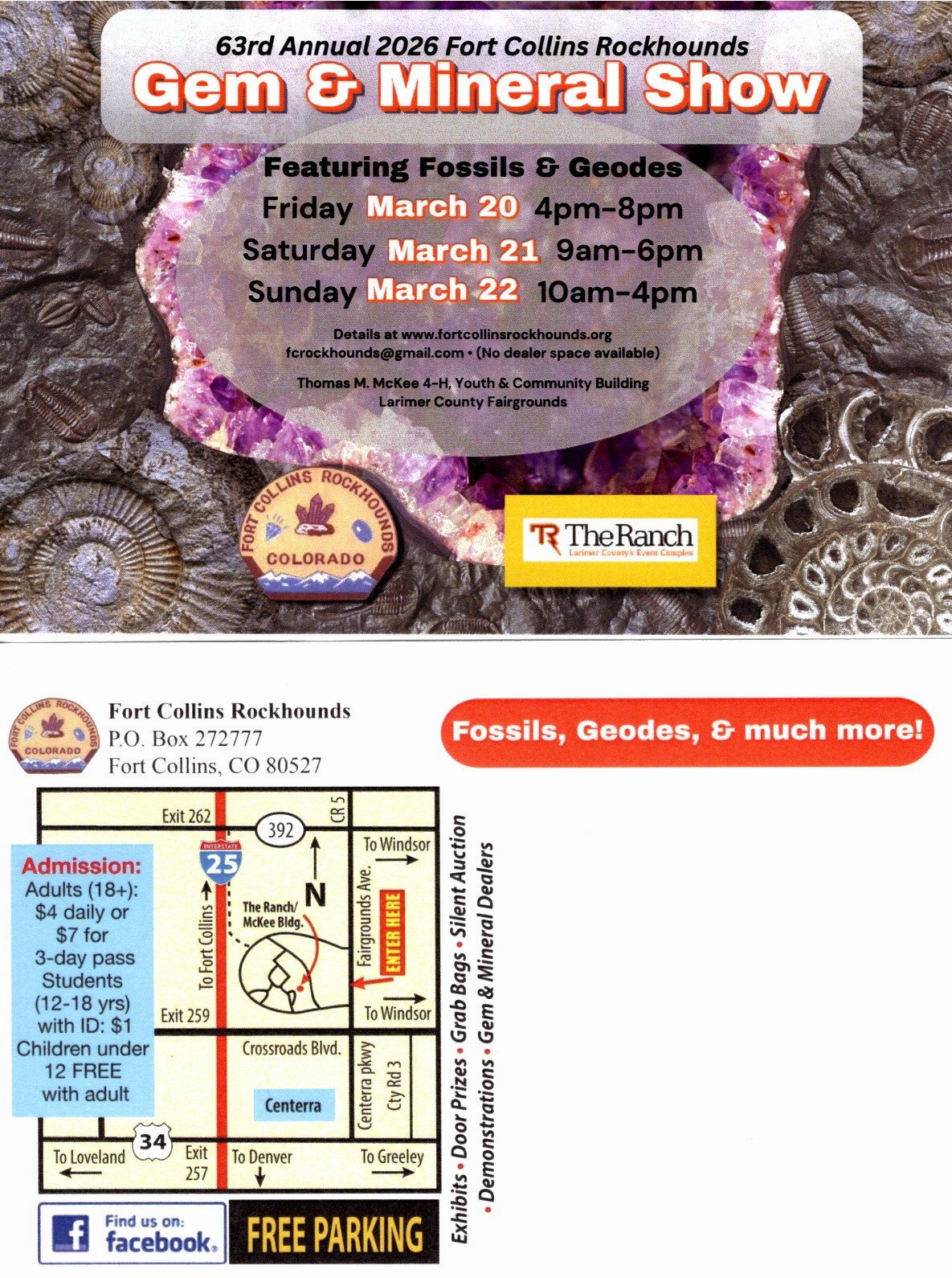 2026 show postcard: 63rd Annual Fort Collins Rockhounds Gem & Mineral Show, featuring Fossils & Geodes, March 20–22, with admission prices and a map to the McKee Building at The Ranch.